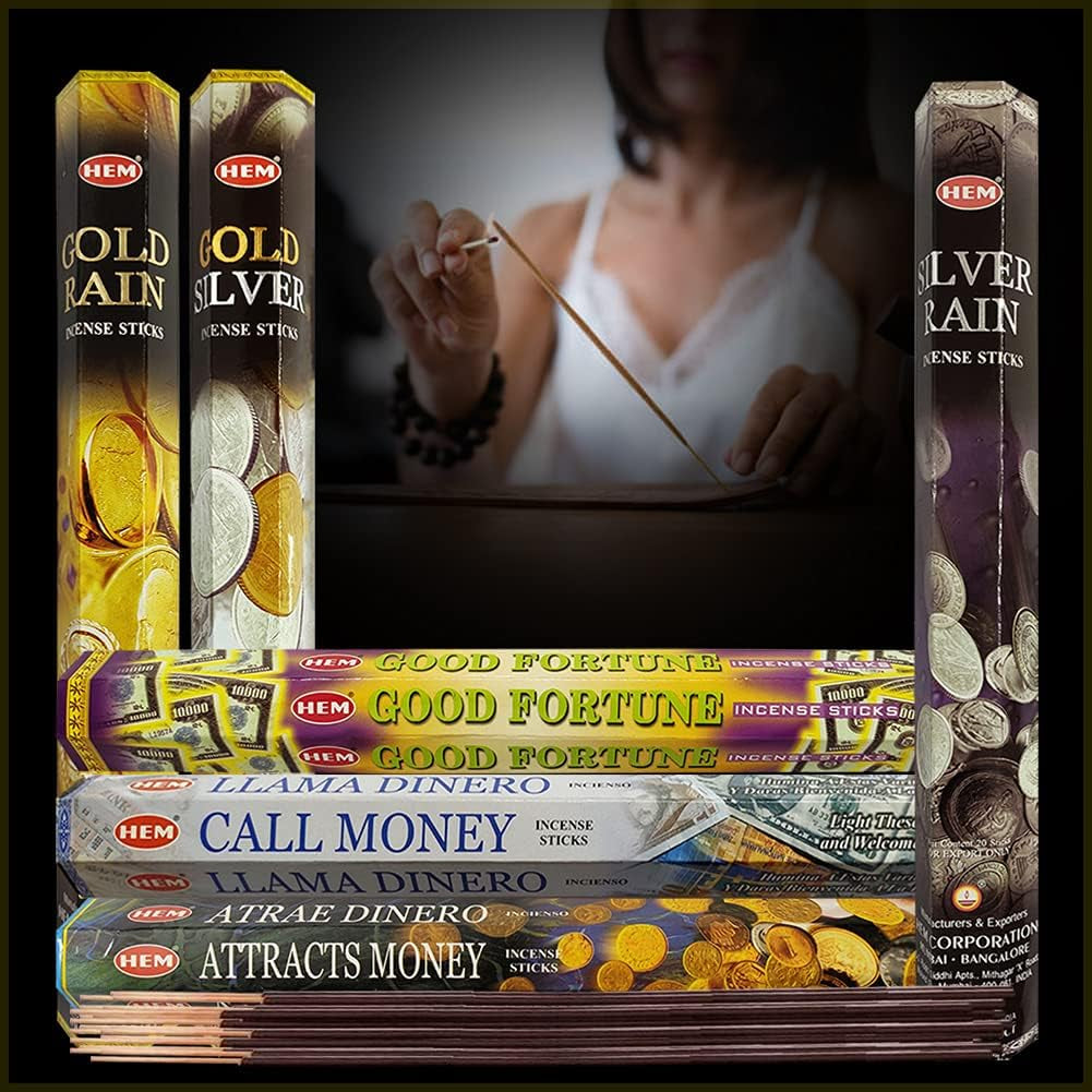 Hem Incense Sticks Variety Pack #29 and Incense Stick Holder Bundle with 6 Money and Good Luck Fragrances