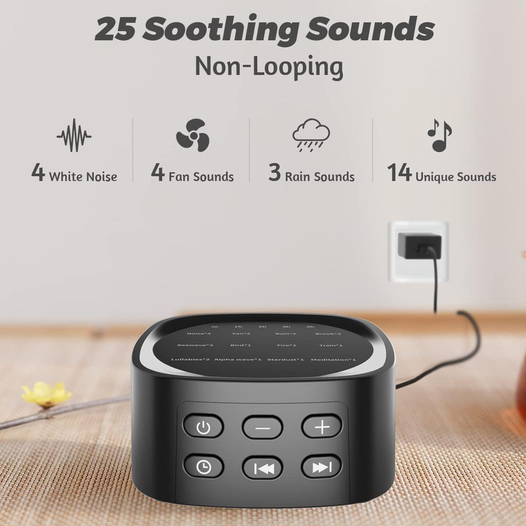 Sleep White Noise Sound Machines with 25 Soothing Sounds 36 Volume Levels 5 Timers Visible Sound Catalog Portable Size Memory Function for Home Office and Travel
