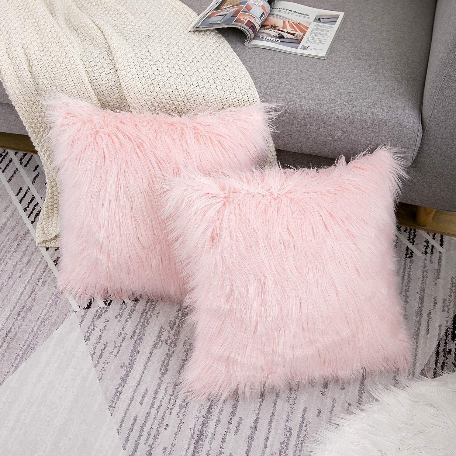 Pink Throw Pillow Covers 18X18 Inch Set of 2 Faux Fur Pillow Covers