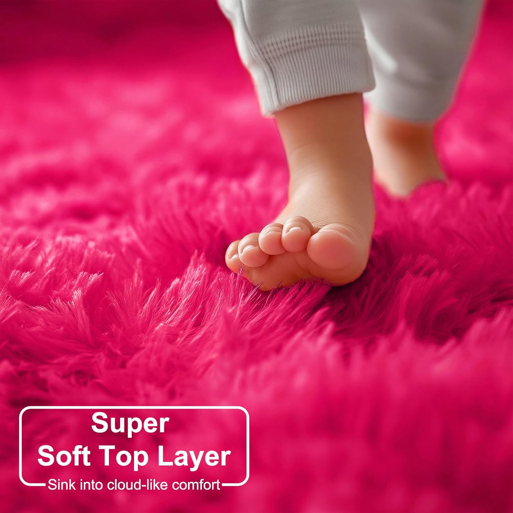 Hot Pink Plush round Circle Rug 5Ft for Girls Bedroom Playroom