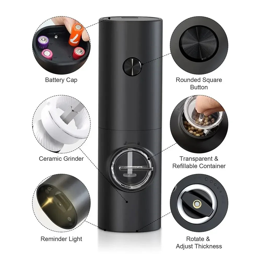 Electric Salt and Pepper Grinder with Adjustable Coarseness Refillable Mill Battery Powered Kitchen Automatic Gadget Grinder