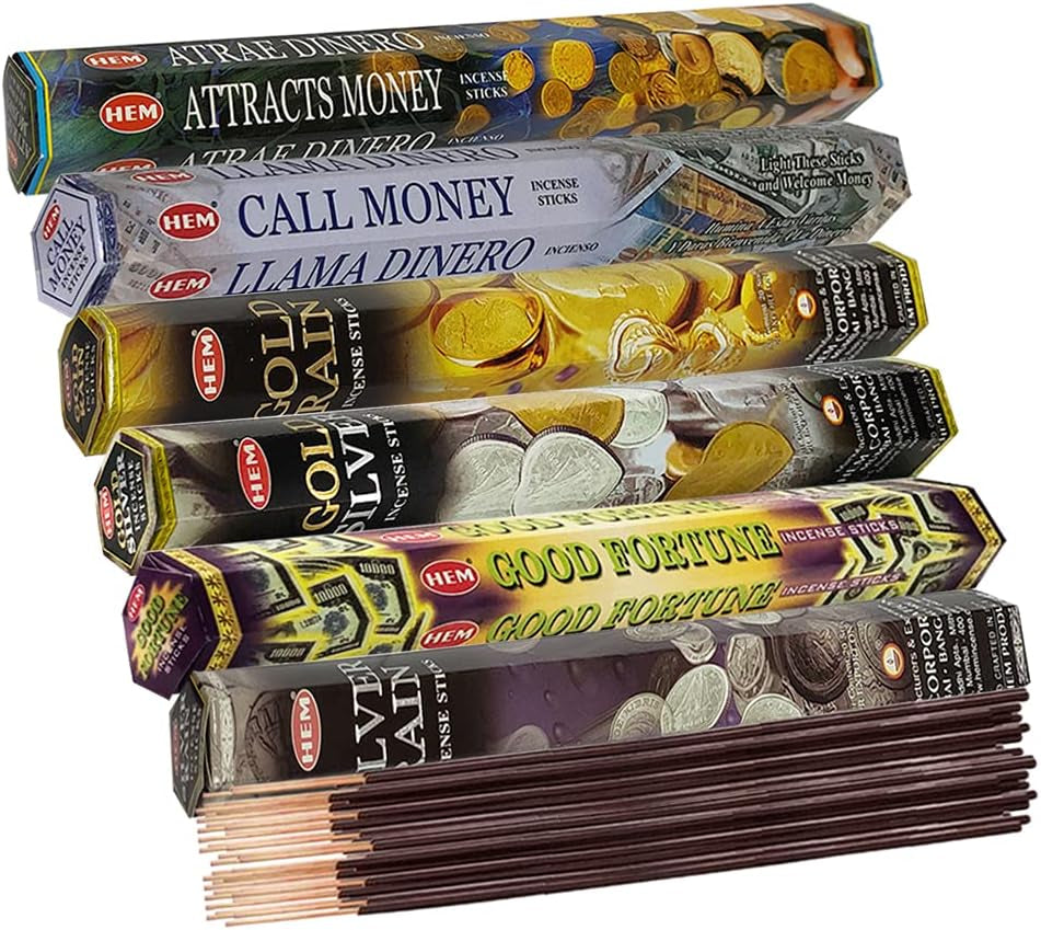 Hem Incense Sticks Variety Pack #29 and Incense Stick Holder Bundle with 6 Money and Good Luck Fragrances