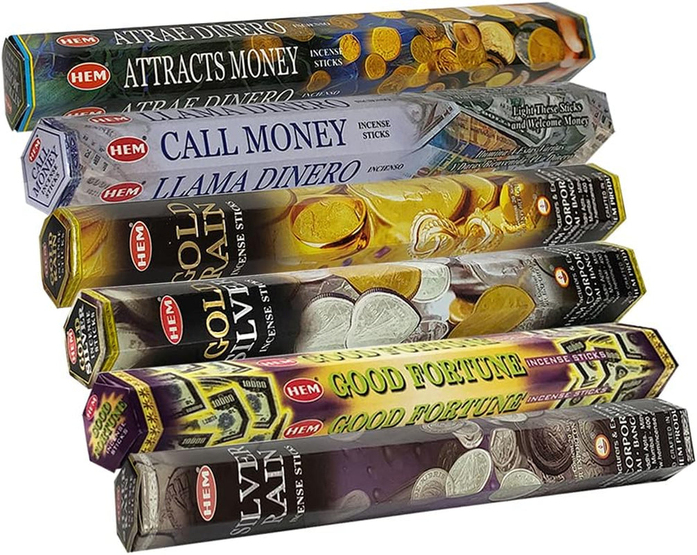 Hem Incense Sticks Variety Pack #29 and Incense Stick Holder Bundle with 6 Money and Good Luck Fragrances