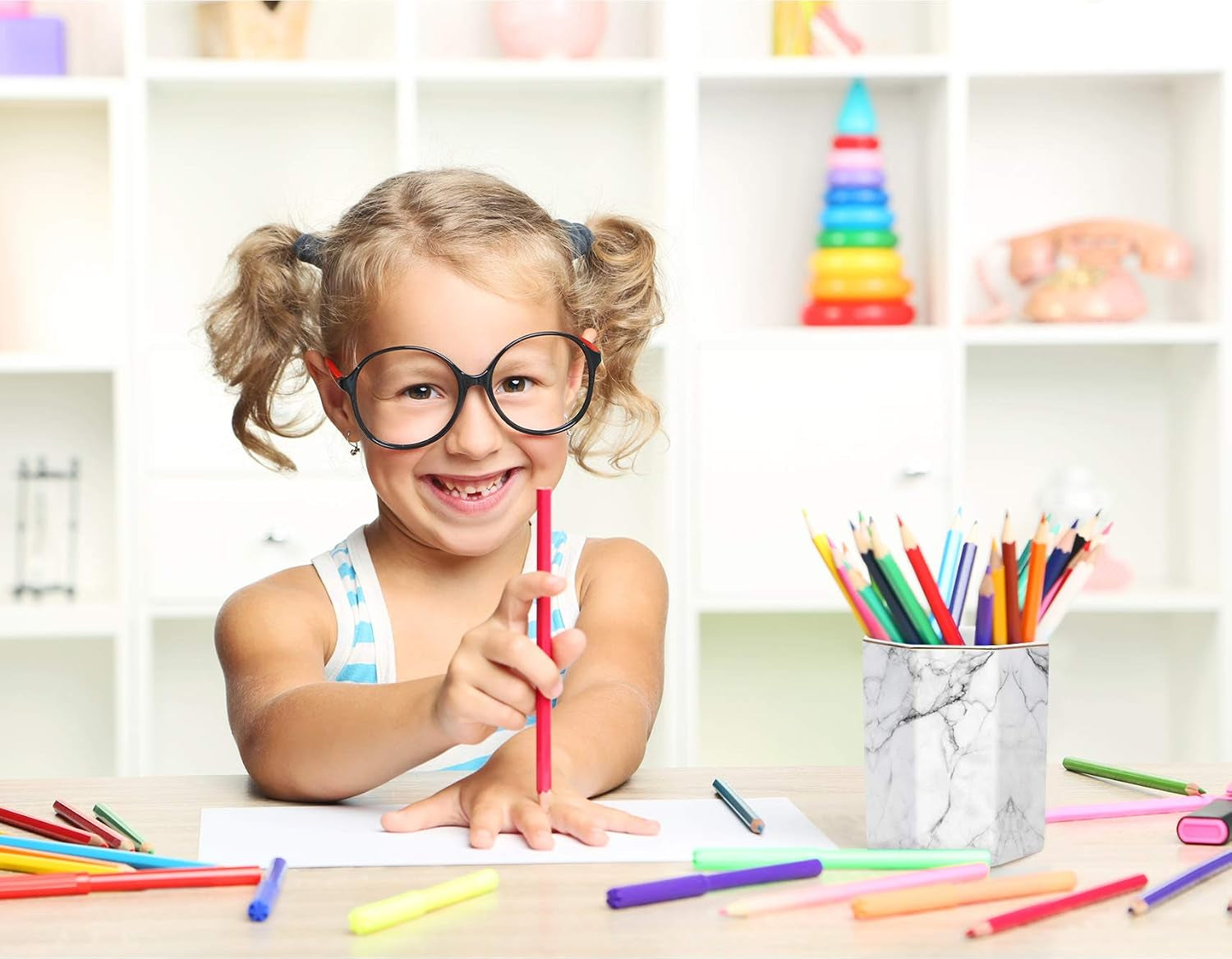 Pen Holder, Stand for Desk Pencil Cup for Girls Kids Durable Ceramic Desk Organizer Makeup Brush Holder for Office, Classroom, Home, White Marble