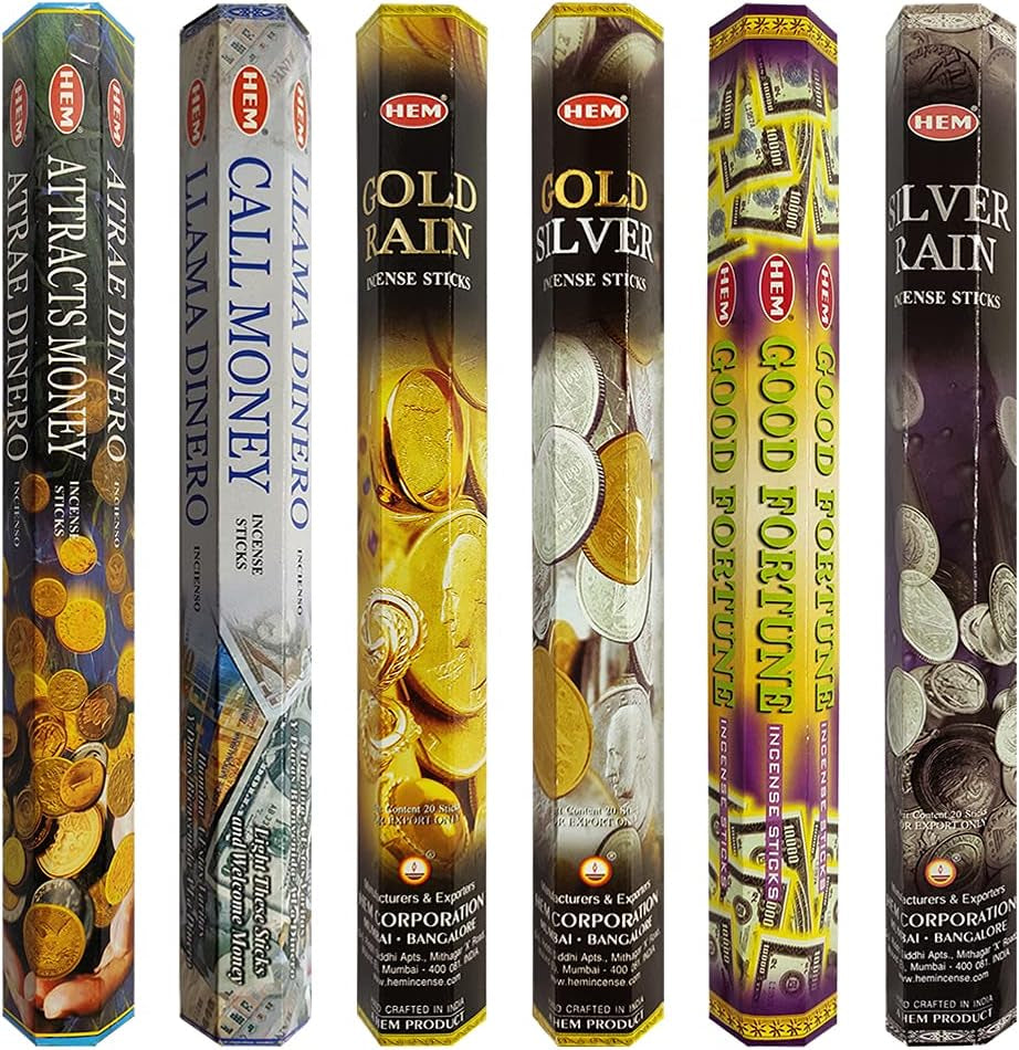 Hem Incense Sticks Variety Pack #29 and Incense Stick Holder Bundle with 6 Money and Good Luck Fragrances