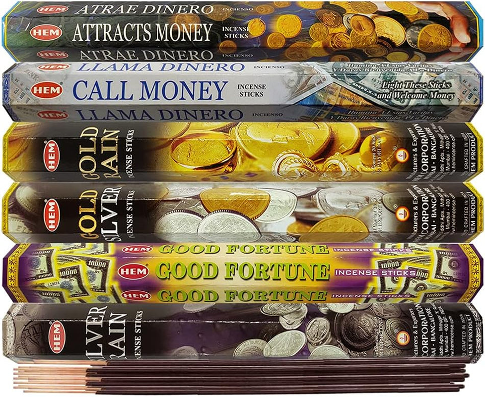 Hem Incense Sticks Variety Pack #29 and Incense Stick Holder Bundle with 6 Money and Good Luck Fragrances